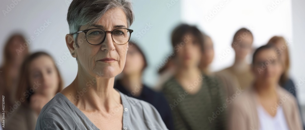 An elderly woman with short gray hair and glasses stands confidently in front of a diverse group, exuding wisdom and leadership. An elderly woman with short gray hair and glasses stands confidently in front of a diverse group, exuding wisdom and leadership.