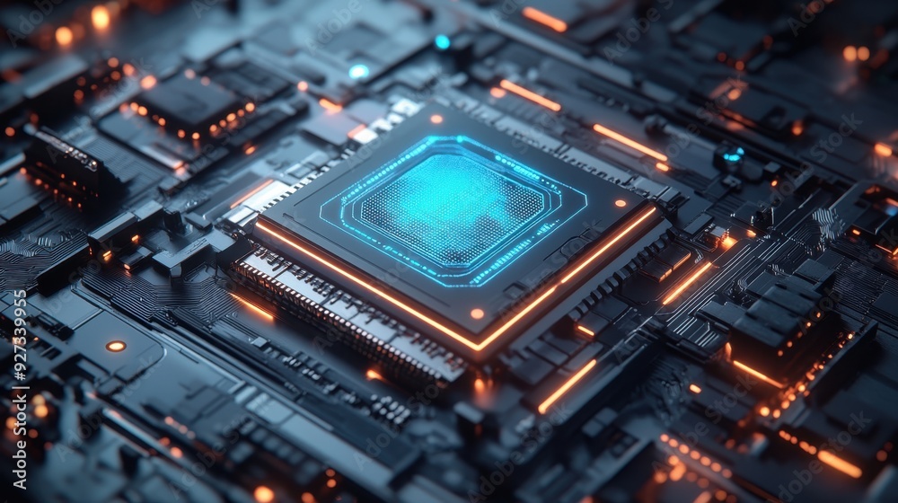 Futuristic 3D Chip with Holographic AI Display on Cinematic Tech Background in Blue and Gray Futuristic 3D Chip with Holographic AI Display on Cinematic Tech Background in Blue and Gray
