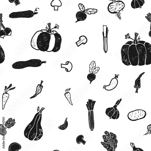 Trendy minimalism modern vegetable pattern Grunge, shabby texture of elements Scandinavian motifs Vector seamless pattern