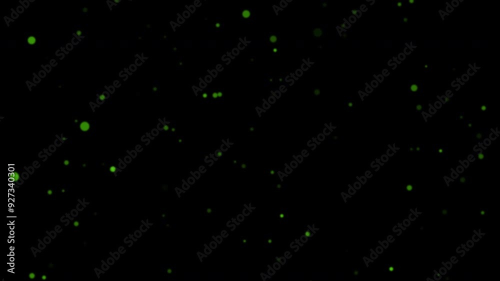 Animation loop green bokeh particles flow up to top right on black ...