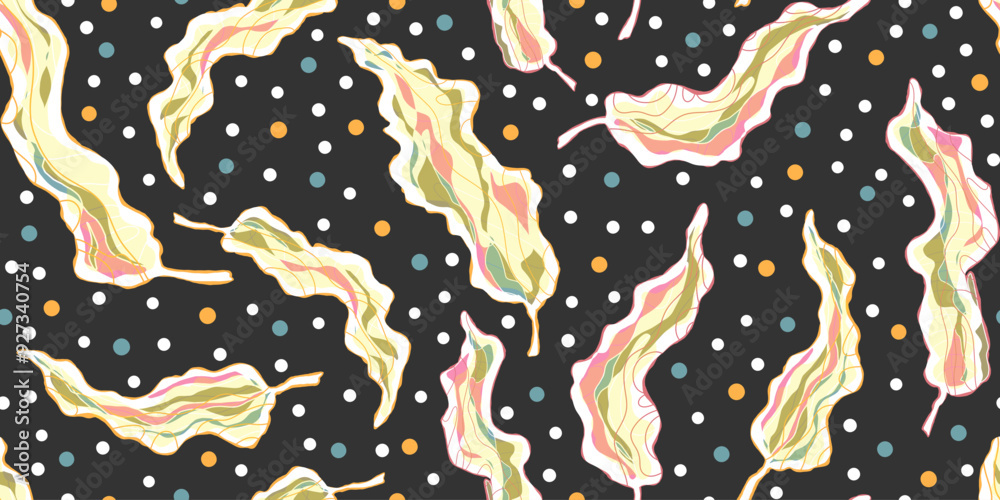 Abstract fantasy leaves and dots variegated ornament Asian motifs vector seamless overlapping pattern rapport Abstract fantasy leaves and dots variegated ornament Asian motifs vector seamless overlapping pattern rapport