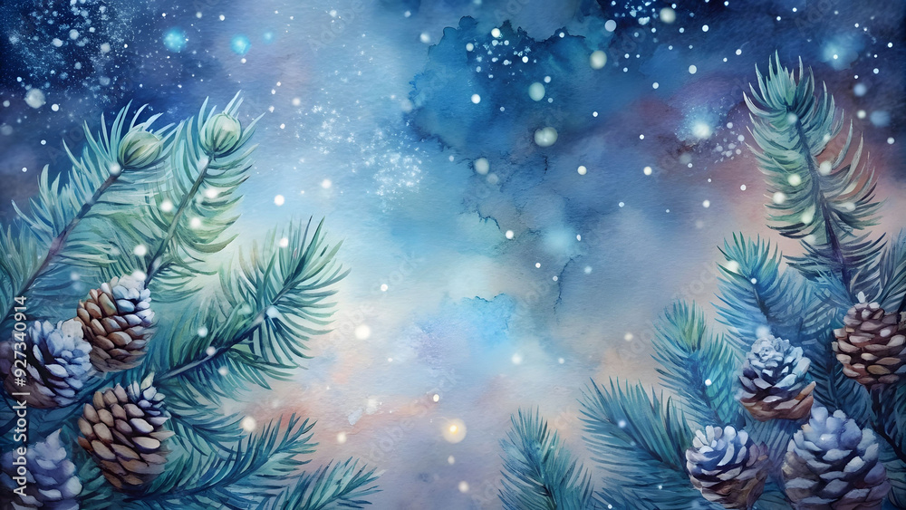 Watercolor winter background with fir branches and cones. Merry Christmas design composition of a poinsettia, a Christmas set with evergreen coniferous tree branches, berries, and leaves. Watercolor winter background with fir branches and cones. Merry Christmas design composition of a poinsettia, a Christmas set with evergreen coniferous tree branches, berries, and leaves.