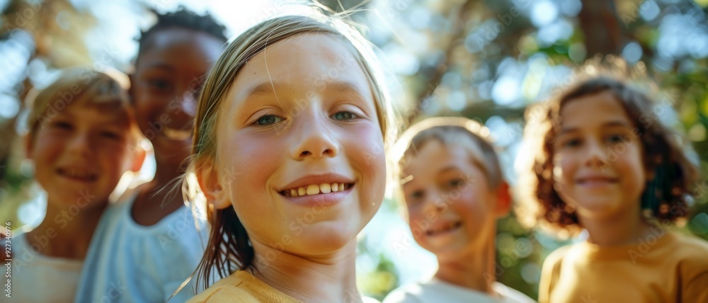 Φωτογραφία A group of smiling children, illuminated by sunlight, enjoying a day outdoors, with a young girl prominently in the foreground