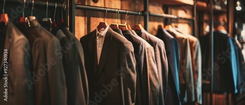 A collection of suits hanging on a wooden rack in a menswear store, showcasing different styles and colors in a warmly lit setting.