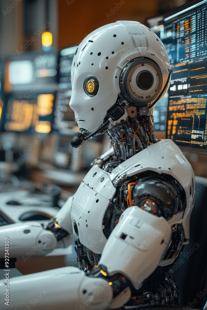 Futuristic Robot Working in a High-Tech Office Environment with Multiple Computer Screens and Data Displays Futuristic Robot Working in a High-Tech Office Environment with Multiple Computer Screens and Data Displays