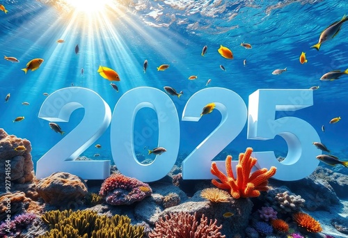 Fototapeta Naklejka Na Ścianę i Meble -  3D rendering of the text '2025' underwater, surrounded by colorful fish and coral reefs, with beams of sunlight penetrating the water's surface., ai