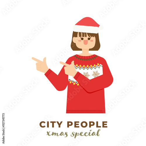 A lady wears red Christmas knitwear and Santa hat showing a recommendation or introduction gesture. Saleswoman dressed in Christmas clothing. Celebration of Xmas holiday. Xmas party people