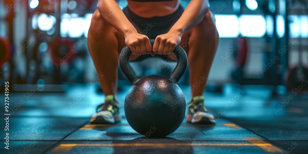 Naklejka premium A woman is squatting down and holding a kettlebell. Concept of strength and determination as the woman prepares to lift the heavy weight