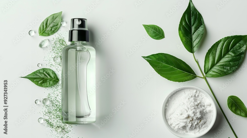 A mouthwash container containing a bowl of xylitol powder, set against a clean white studio backdrop, and xylitol leaves are retained for decoration, Generative AI. A mouthwash container containing a bowl of xylitol powder, set against a clean white studio backdrop, and xylitol leaves are retained for decoration, Generative AI.