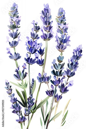 Watercolor Illustration of Purple Lavender Flowers with Green Leaves.