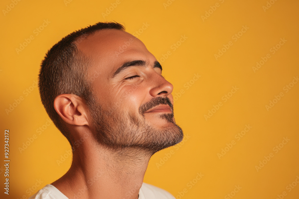 A close up of a man's face with her eyes closed