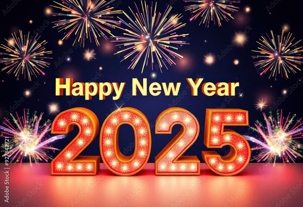 3D rendering of the text 'Happy New Year 2025' in bold, colorful letters with a sparkling effect, surrounded by festive fireworks in a night sky, ai 3D rendering of the text 'Happy New Year 2025' in bold, colorful letters with a sparkling effect, surrounded by festive fireworks in a night sky, ai