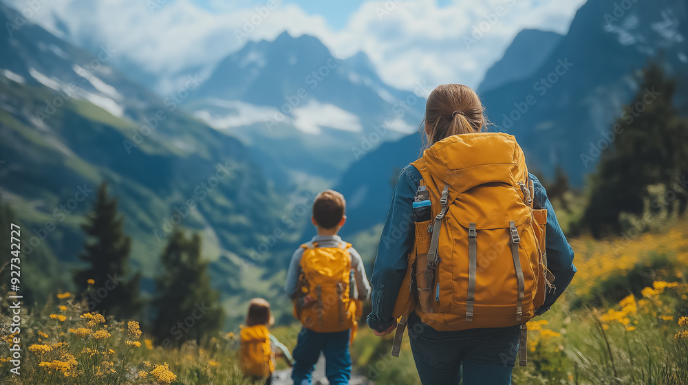 Adventurous family fun day hiking in the mountains, kids exploring nature, parents guiding the way, breathtaking views and lush greenery Adventurous family fun day hiking in the mountains, kids exploring nature, parents guiding the way, breathtaking views and lush greenery