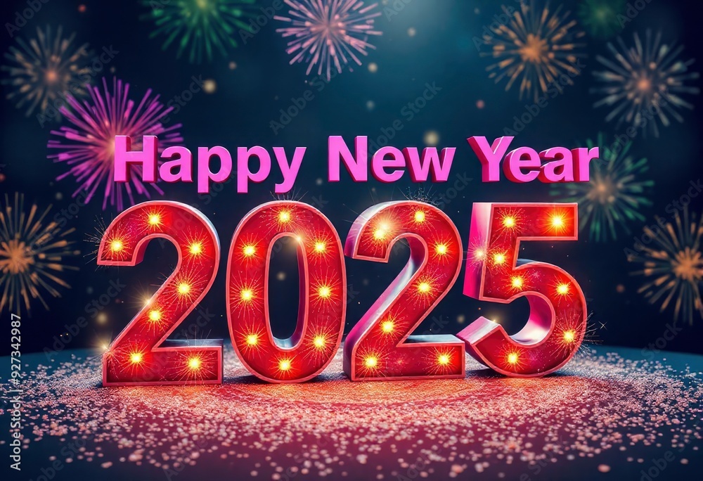 3D rendering of the text 'Happy New Year 2025' in bold, colorful letters with a sparkling effect, surrounded by festive fireworks in a night sky, ai 3D rendering of the text 'Happy New Year 2025' in bold, colorful letters with a sparkling effect, surrounded by festive fireworks in a night sky, ai