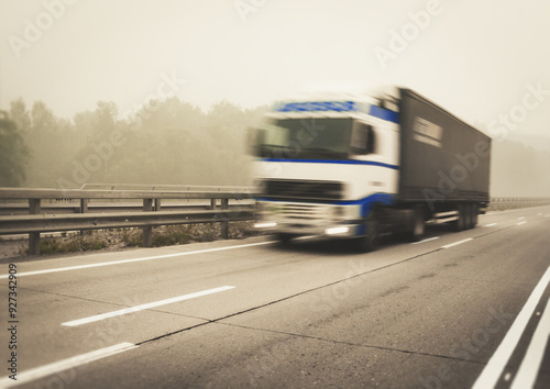 lorry semi truck on foggy highway