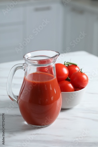 Wallpaper Mural Tasty tomato juice in jug and vegetables on white marble table Torontodigital.ca