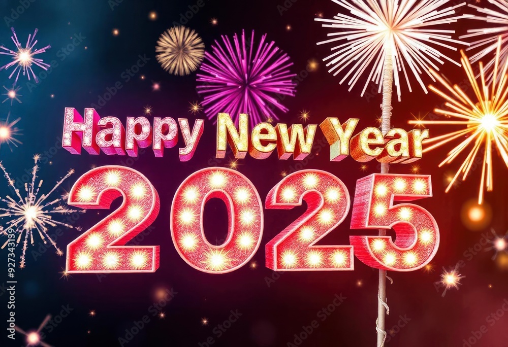 3D rendering of the text 'Happy New Year 2025' in bold, colorful letters with a sparkling effect, surrounded by festive fireworks in a night sky, ai 3D rendering of the text 'Happy New Year 2025' in bold, colorful letters with a sparkling effect, surrounded by festive fireworks in a night sky, ai
