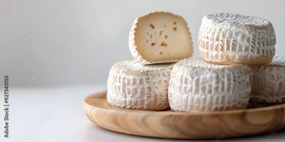 Overhead view of cave cheese on a spotless wooden dish against a clean white backdrop with a big space for textual or background use, Generative AI. Overhead view of cave cheese on a spotless wooden dish against a clean white backdrop with a big space for textual or background use, Generative AI.