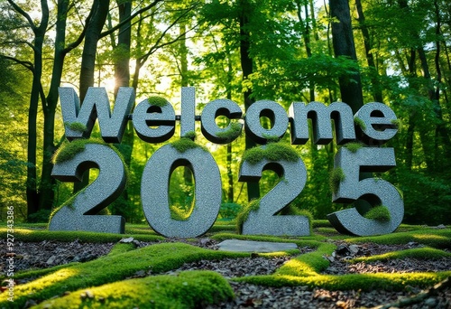 Wallpaper Mural 3D rendering of the text 'Welcome 2025' crafted from stone, covered in moss, placed in a lush green forest setting with sunlight streaming through the trees., ai Torontodigital.ca