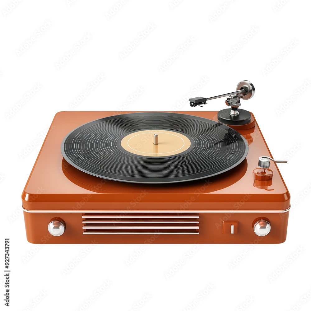 Fototapeta premium Stylish vintage turntable with vinyl record, perfect for music enthusiasts and retro decor. A symbol of classic sound. isolated on a transparent background