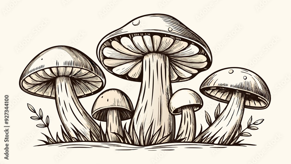 a family of light beige mushrooms on a white background a family of light beige mushrooms on a white background