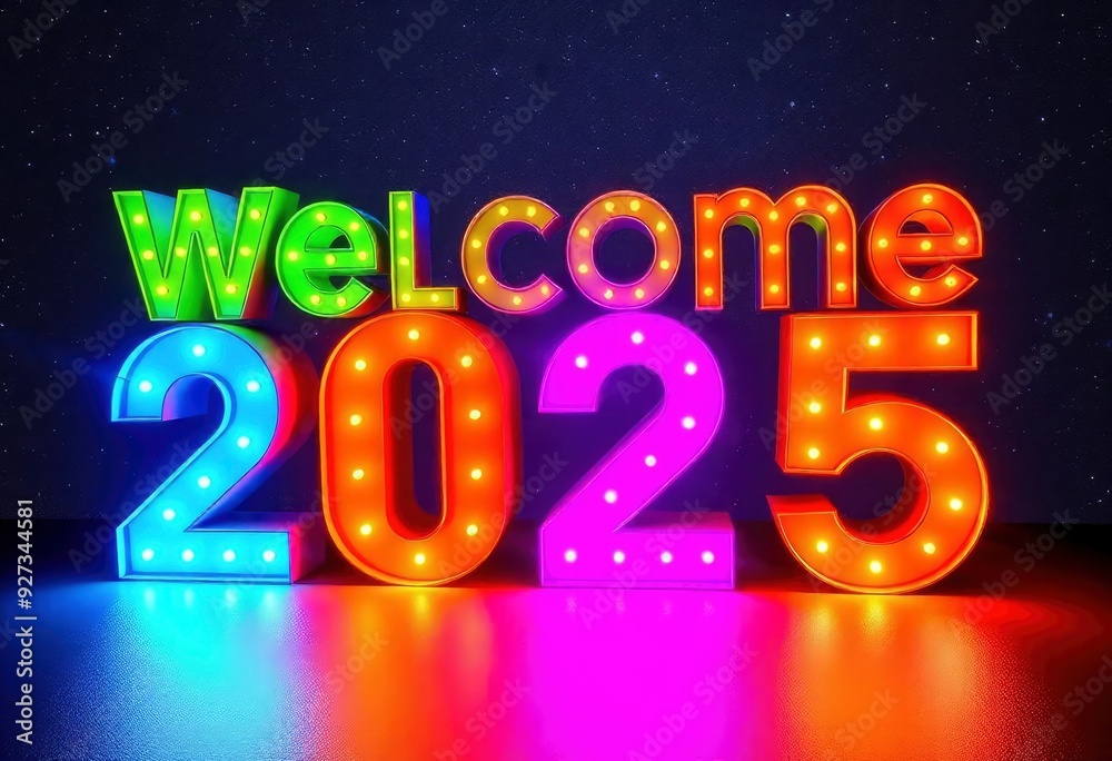 3D rendering of the text 'Welcome 2025' in bold, metallic letters, illuminated with colorful neon lights, set against a dark, starry night sky backdrop., ai 3D rendering of the text 'Welcome 2025' in bold, metallic letters, illuminated with colorful neon lights, set against a dark, starry night sky backdrop., ai