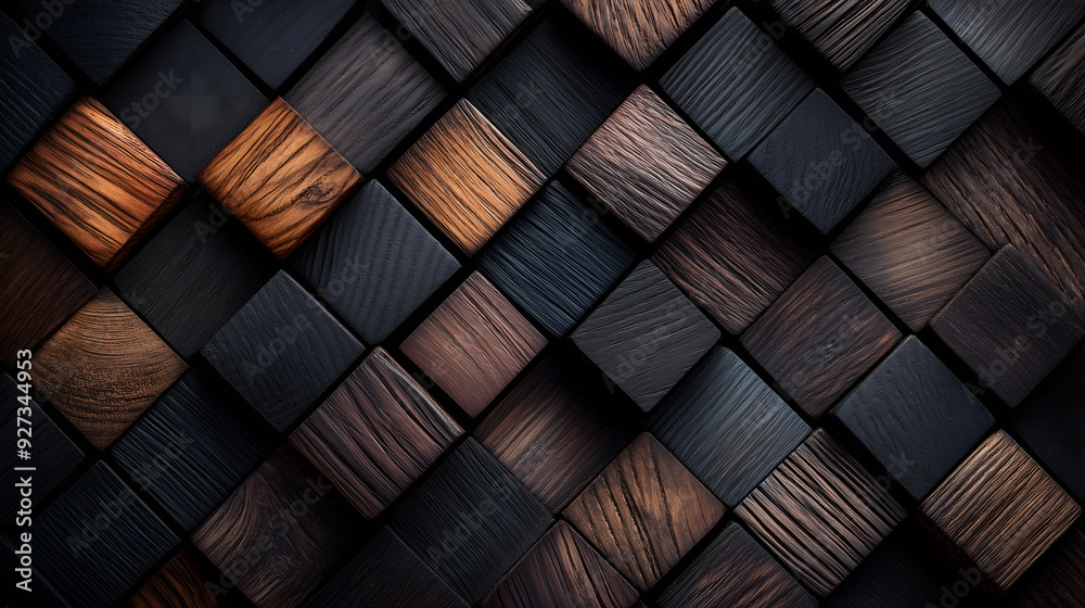 An artistic arrangement of dark wooden blocks with varying textures and patterns. An artistic arrangement of dark wooden blocks with varying textures and patterns.
