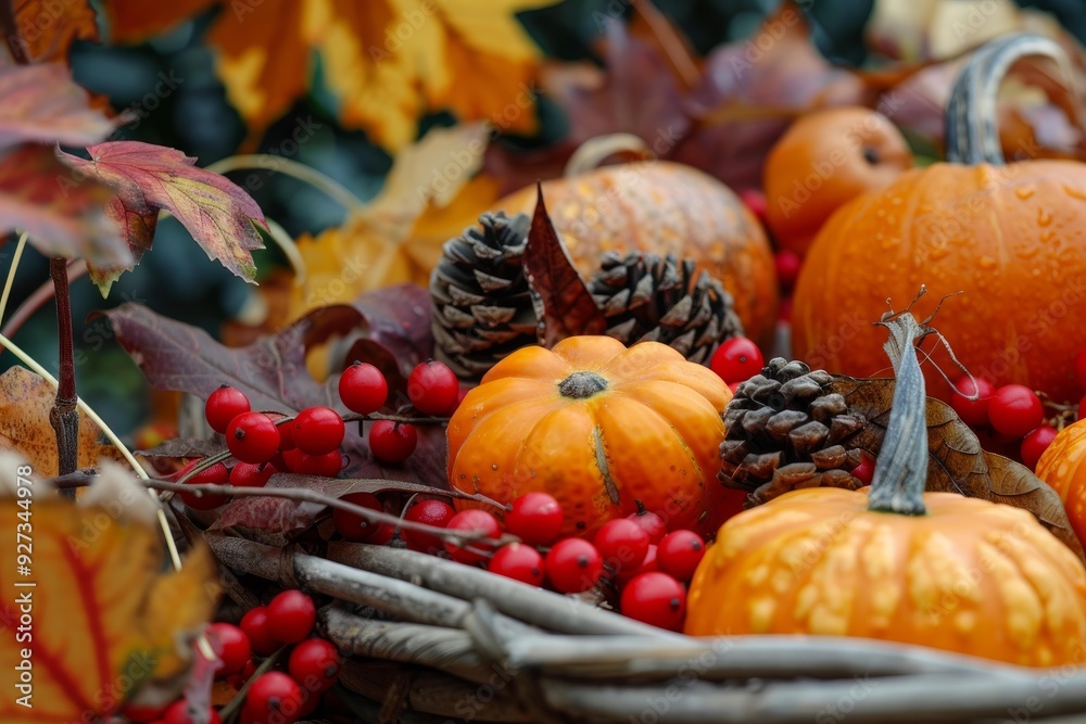 Colorful autumn arrangement with pumpkins, berries, and pine cones in a wicker basket Colorful autumn arrangement with pumpkins, berries, and pine cones in a wicker basket