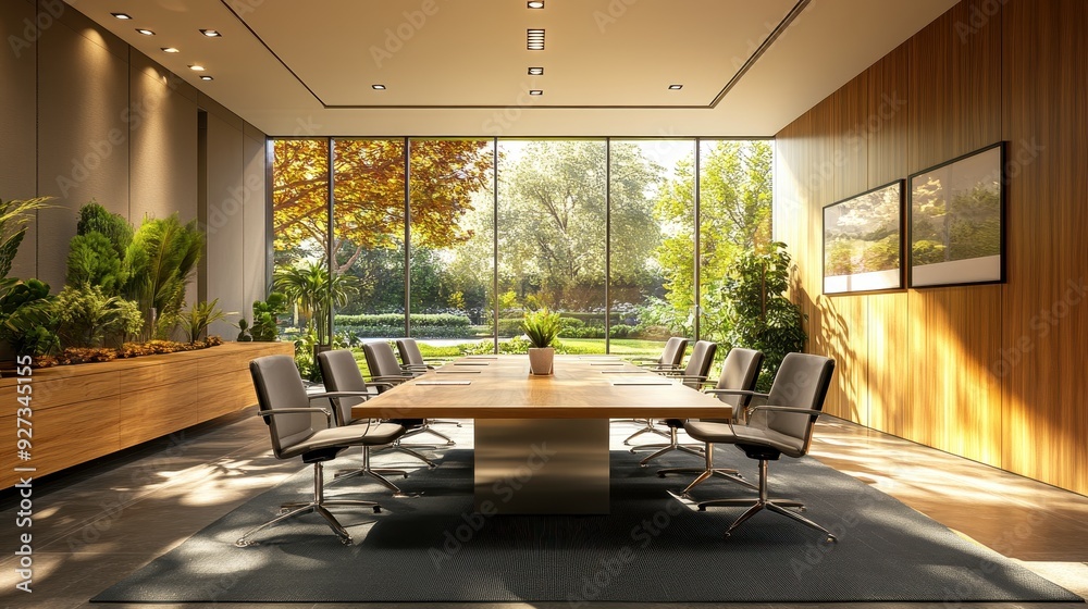 Modern Conference Room with Large Windows Overlooking a Green Garden and Natural Light Modern Conference Room with Large Windows Overlooking a Green Garden and Natural Light