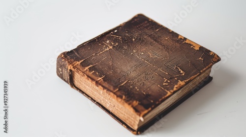 Weathered leather-bound book placed on a white surface, displaying the signs of age and wear