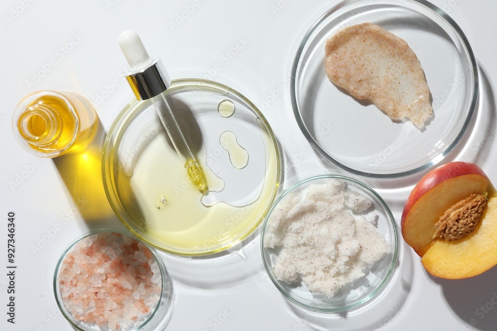 Petri dishes with different cosmetic products and peach on white background, flat lay Petri dishes with different cosmetic products and peach on white background, flat lay