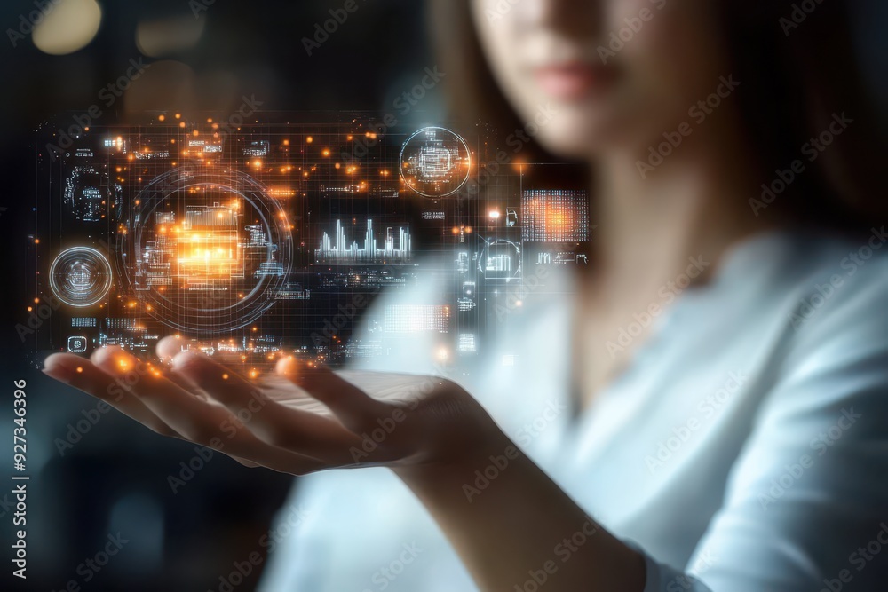 Hand of woman holding a hologram of advanced manufacturing, featuring 3D printing technology, precision engineering, and automated production processes. Hand of woman holding a hologram of advanced manufacturing, featuring 3D printing technology, precision engineering, and automated production processes.