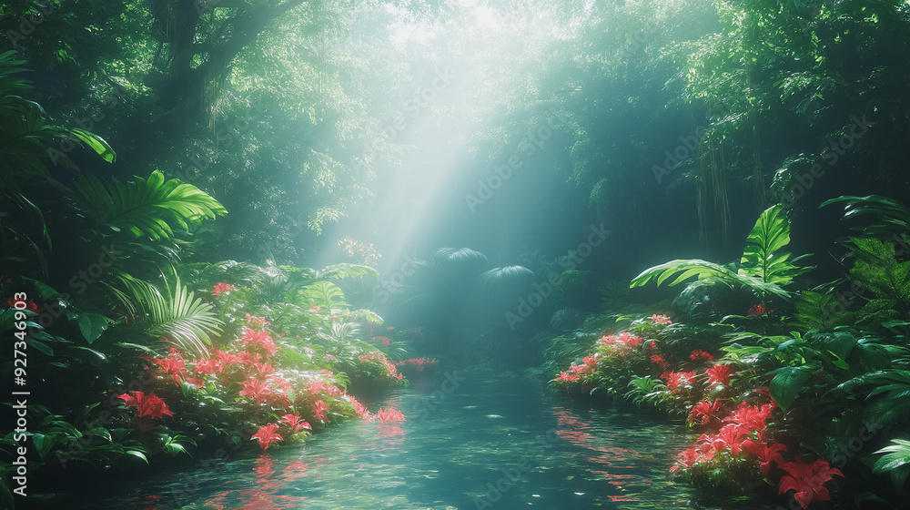 Obraz premium Robot animals roaming freely in a dense jungle, vibrant green leaves, exotic flowers, dappled sunlight, natural and mechanical life coexisting, cinematic wide shot