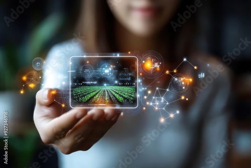 Hand of woman holding a hologram of agriculture technology, featuring precision farming tools, automated irrigation systems, and crop health monitoring.