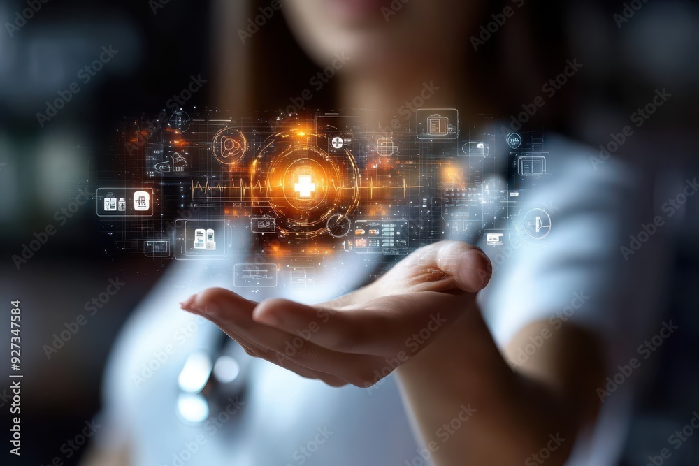 Hand of woman holding a hologram of digital healthcare, showcasing virtual consultations, online pharmacies, and AI-driven diagnostic tools. Hand of woman holding a hologram of digital healthcare, showcasing virtual consultations, online pharmacies, and AI-driven diagnostic tools.