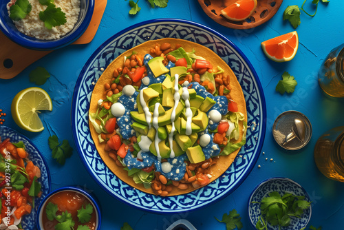 Wallpaper Mural a vibrant and colorful mexican tostada topped with avocado, beans, fresh vegetables, and a drizzle of creamy sauce Torontodigital.ca