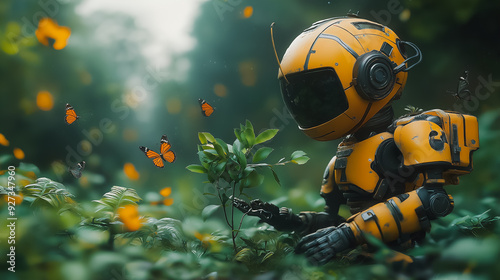 A robot nurturing a sapling in a serene meadow, with butterflies and birds fluttering around, nature conservation, advanced AI, cinematic lighting photo