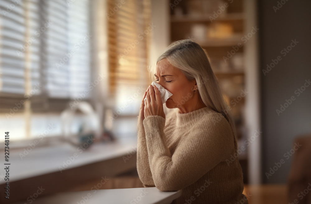 Senior woman using tissue Senior woman using tissue