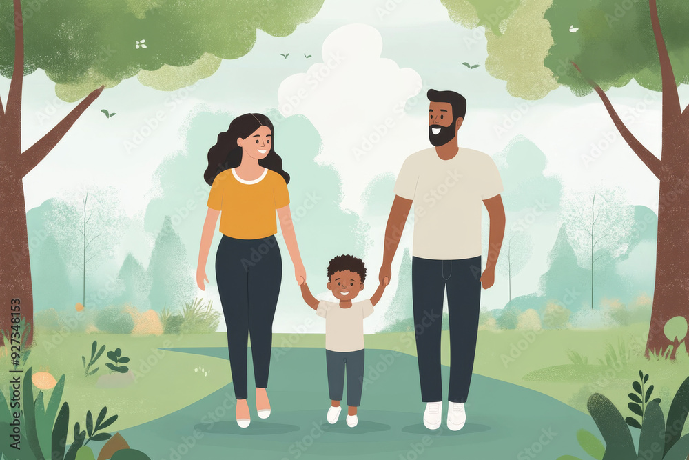 Illustration of a happy family walking together in a park, holding hands and enjoying a peaceful day outdoors.
Illustration of a happy family walking together in a park, holding hands and enjoying a peaceful day outdoors.