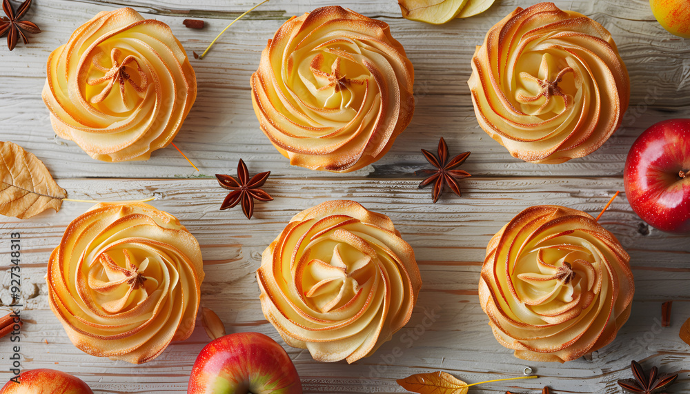 Composition with apple roses from puff pastry on wooden table Composition with apple roses from puff pastry on wooden table