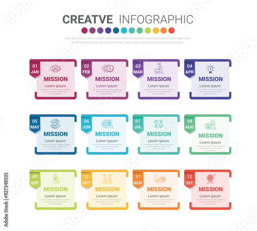 Timeline presentation for 12 months, 1 year, Timeline infographics design vector and Presentation business can be used for Business concept with 12 options, steps or processes.