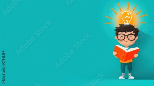 Bright Ideas for Success - Cartoon Style Illustration of Smart Student with Glowing Light Bulb Above Head and Book, Flat Design with Copy Space for Text