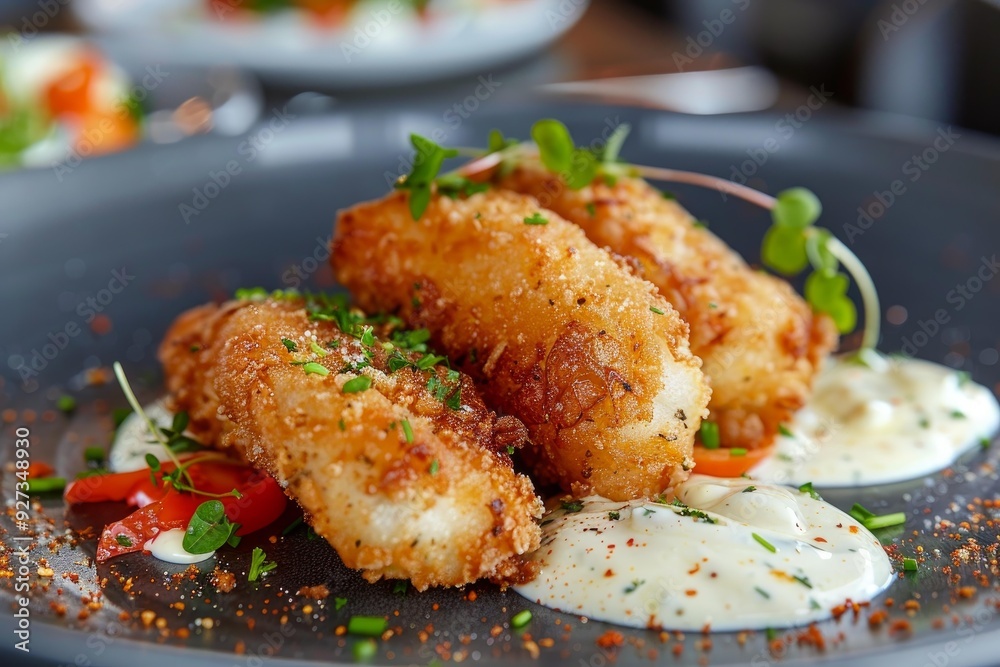 Close up of crispy fried shrimp with fresh herbs and a creamy dip on a stylish plate Close up of crispy fried shrimp with fresh herbs and a creamy dip on a stylish plate