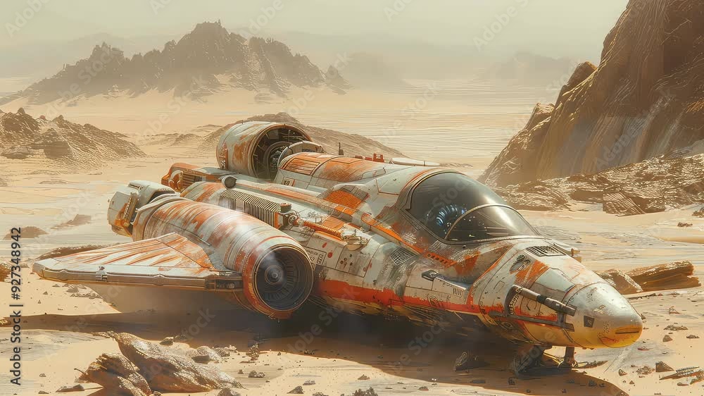 Animation Futuristic spaceship crashed in desert with rugged terrain generated with ai