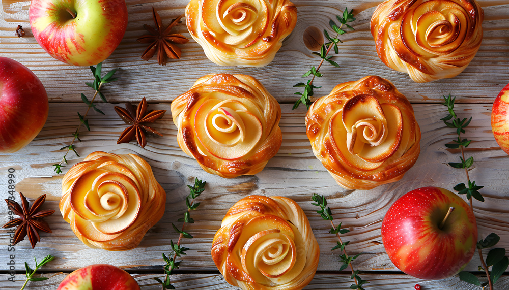 Composition with apple roses from puff pastry on wooden table Composition with apple roses from puff pastry on wooden table