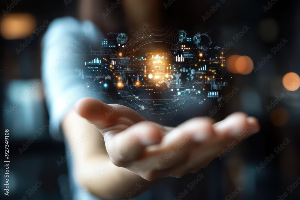 Hand of woman holding a hologram of marketing analytics, displaying customer behavior trends, targeted advertising, and real-time campaign performance.