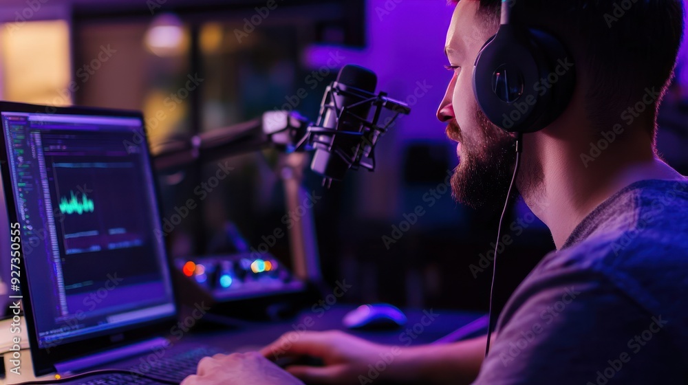 Man Recording Podcast with Headphones and Microphone in a Home Studio Man Recording Podcast with Headphones and Microphone in a Home Studio