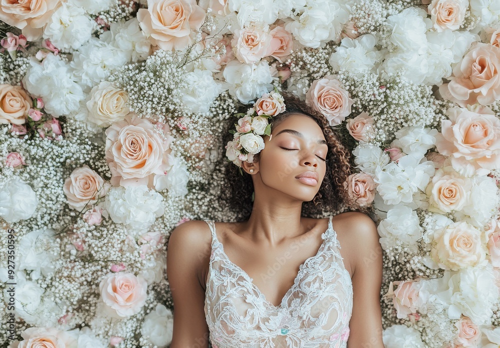 woman with her eyes closed, lying on top of a wall covered in white and pink roses and pastel-colored flowers woman with her eyes closed, lying on top of a wall covered in white and pink roses and pastel-colored flowers