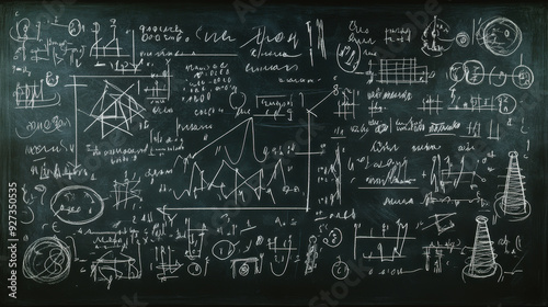 Chalkboard with complex scientific formulas and diagrams