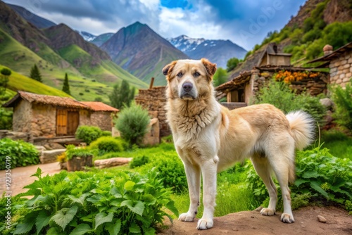 Majestic Armenian Gampr dog stands guard in a lush garden surrounded by rustic farm buildings in Saqez, Kurdistan Province, Iran, showcasing rural countryside charm. photo